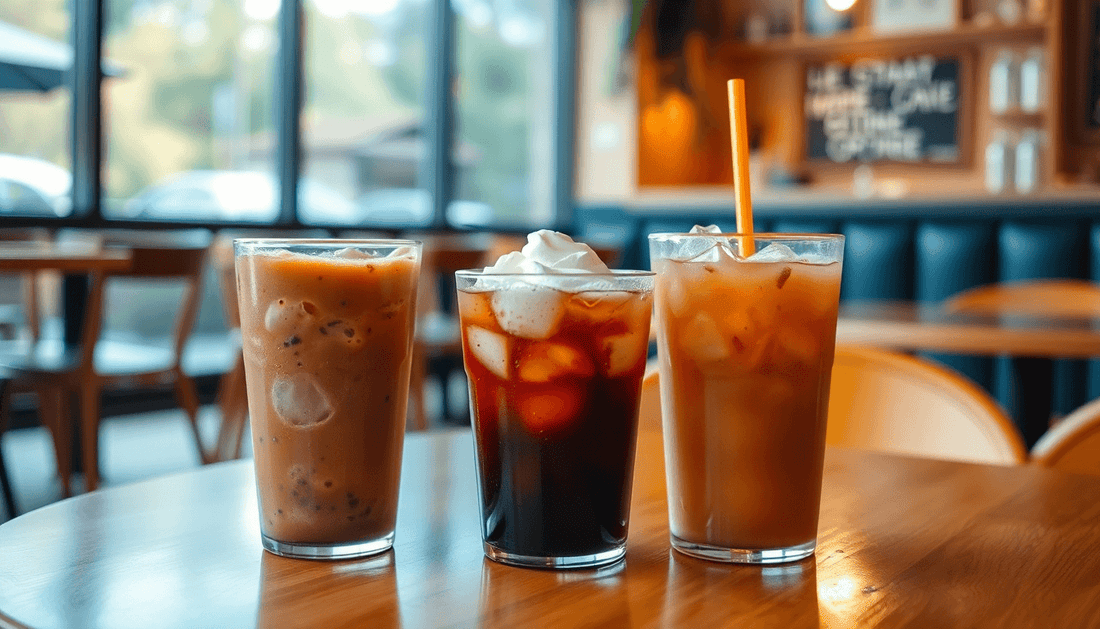 Cozy café setting with iced coffee and tea drinks