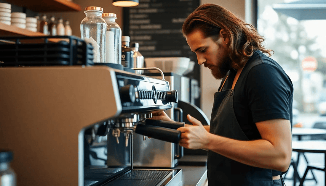 A barista fixing a coffee machine in a cafe