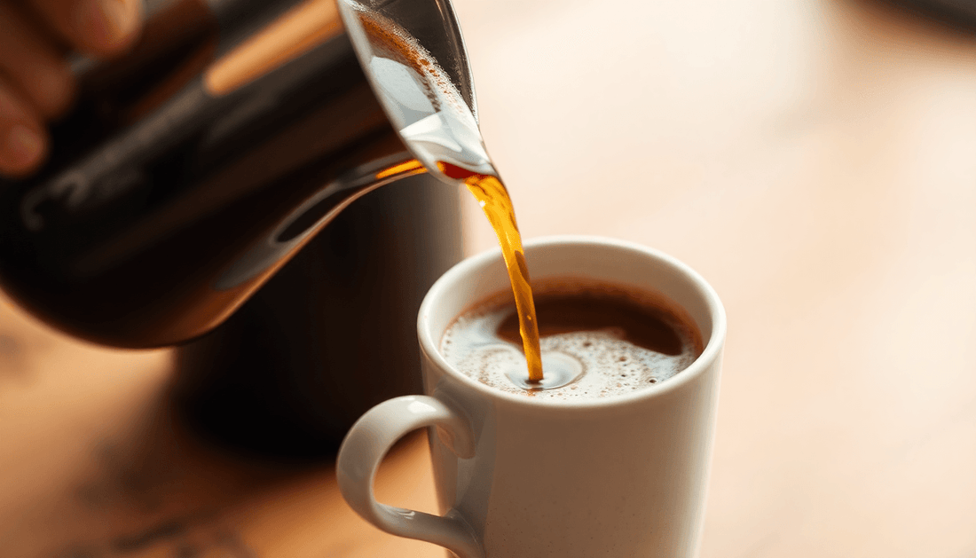 A steaming drip coffee pouring into a ceramic cup