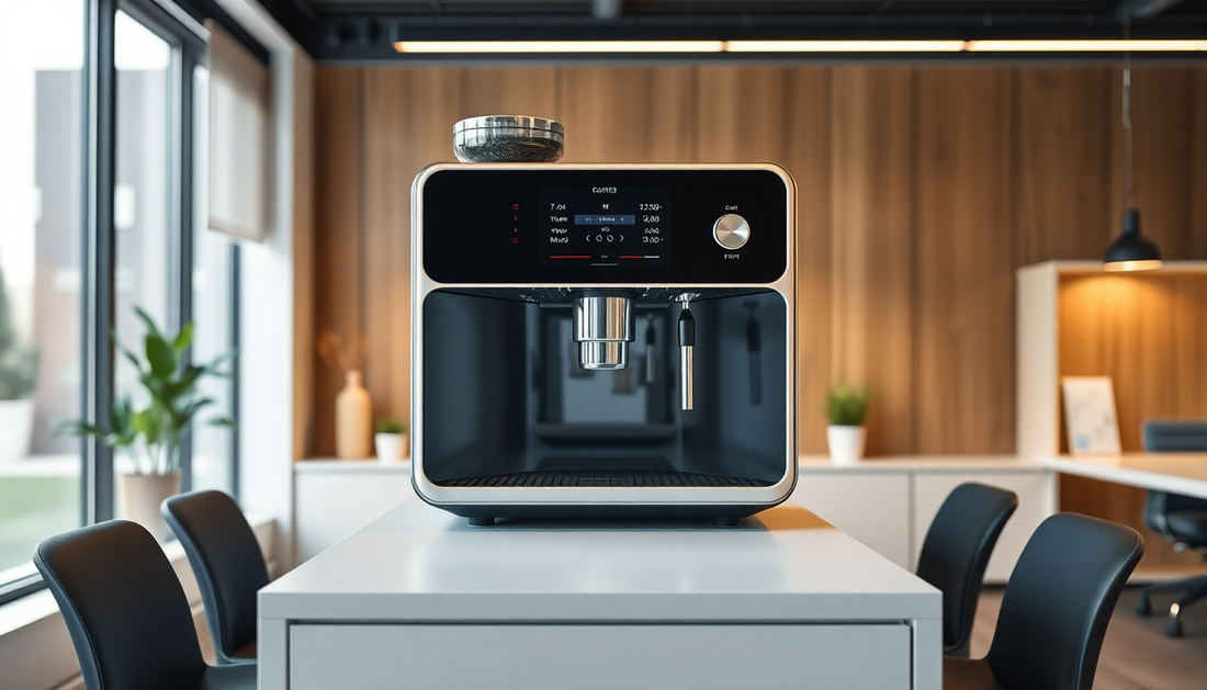 Modern black coffee machine on a white table in a wooden office setting for tea premix preparation