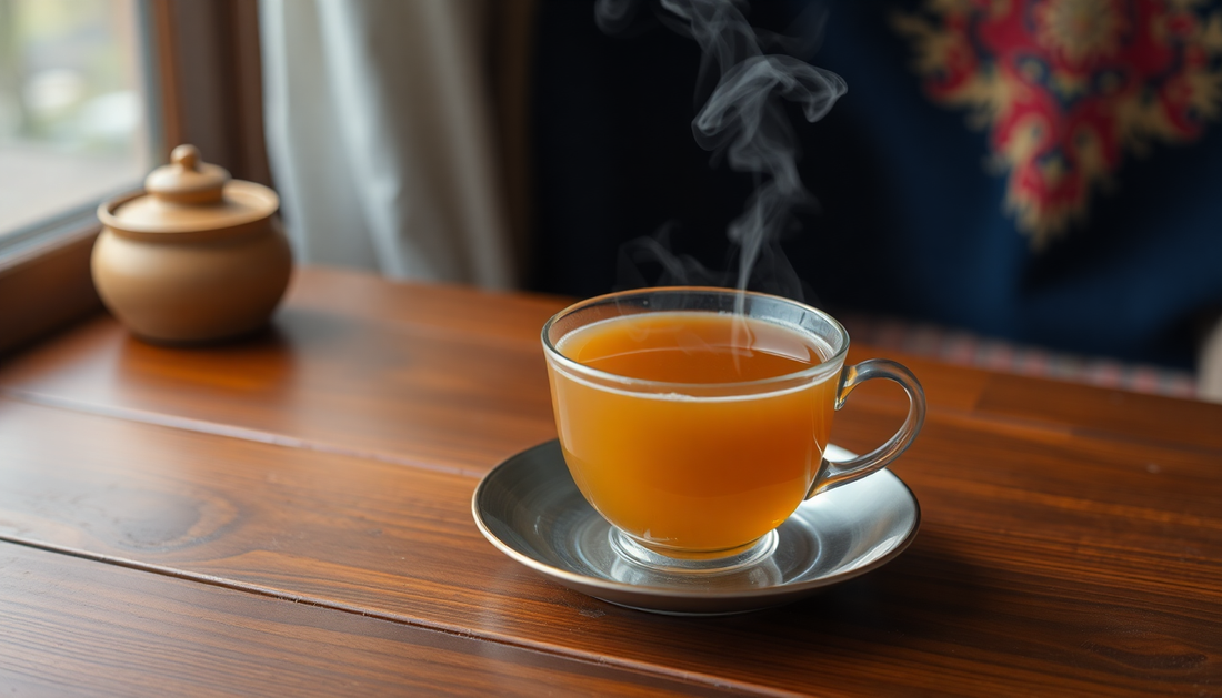 Steaming hot cup of tea on a wooden table near window with Atlantis instant coffee vending machine Noida