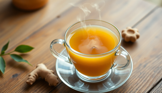 A steaming cup of kadak ginger tea on a wooden table