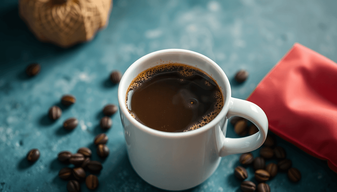 A steaming cup of coffee with Amazon Coffee Powder packaging