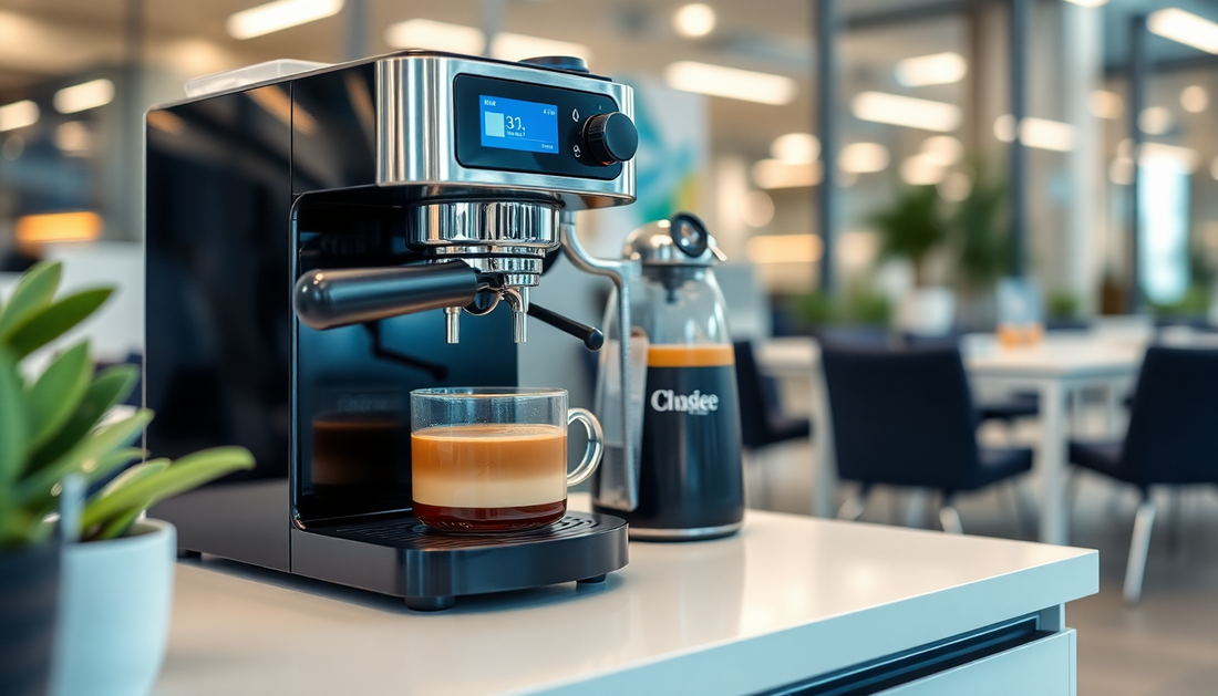 Modern coffee machine brewing fresh coffee in an office