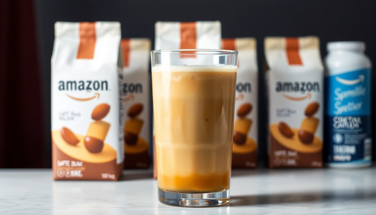 A glass of cold coffee with Amazon premix packaging