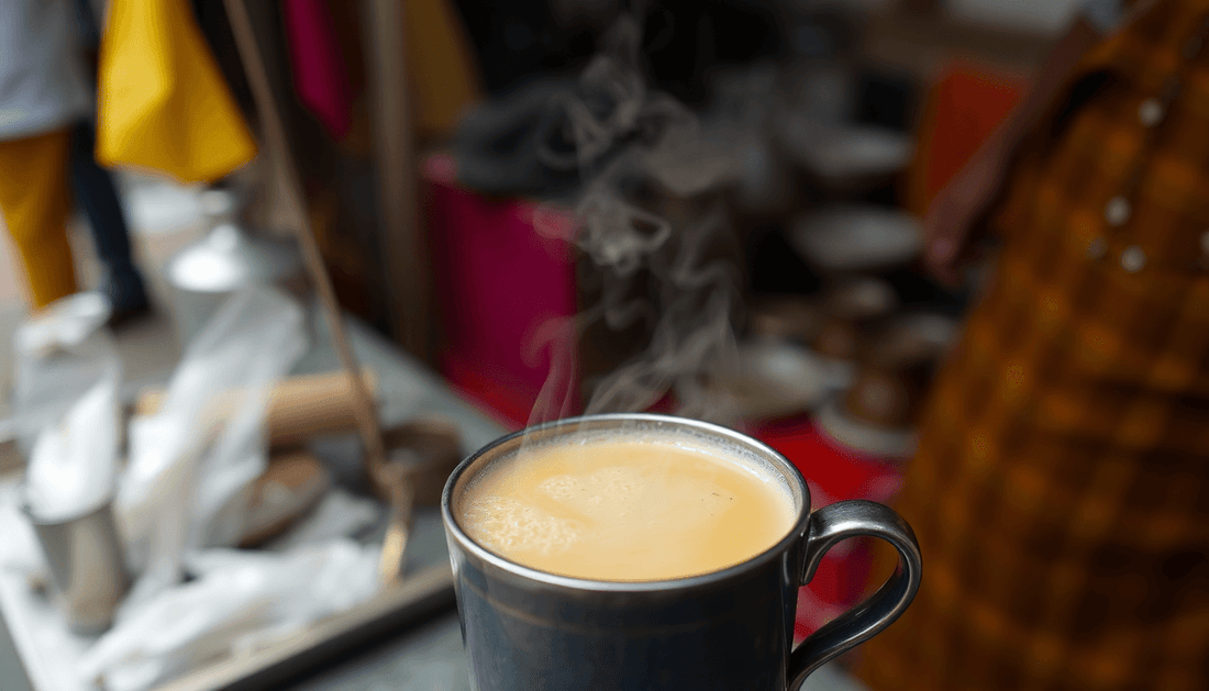A steaming cup of Mumbai Masala Chai on a street stall