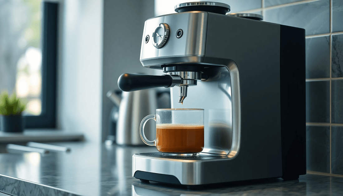 A sleek coffee machine brewing fresh coffee on kitchen counter