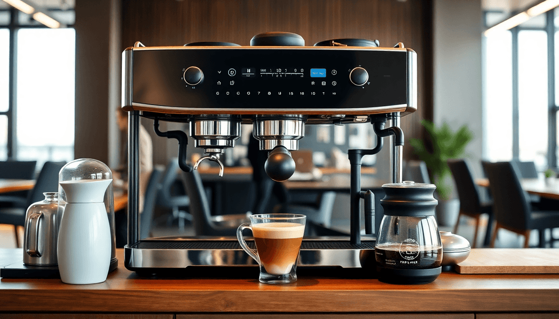 Modern coffee machine brewing coffee in an office