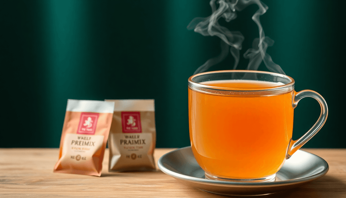 A cup of steaming 3-in-1 tea with tea premix packets