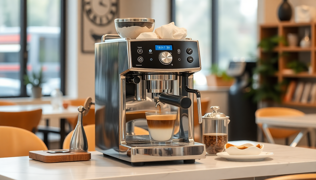 Modern espresso coffee machine with a cup of coffee on kitchen counter from Atlantis coffee machine distributor Noida