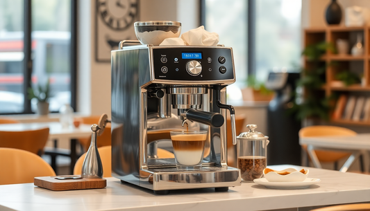 Modern espresso coffee machine with a cup of coffee on kitchen counter from Atlantis coffee machine distributor Noida