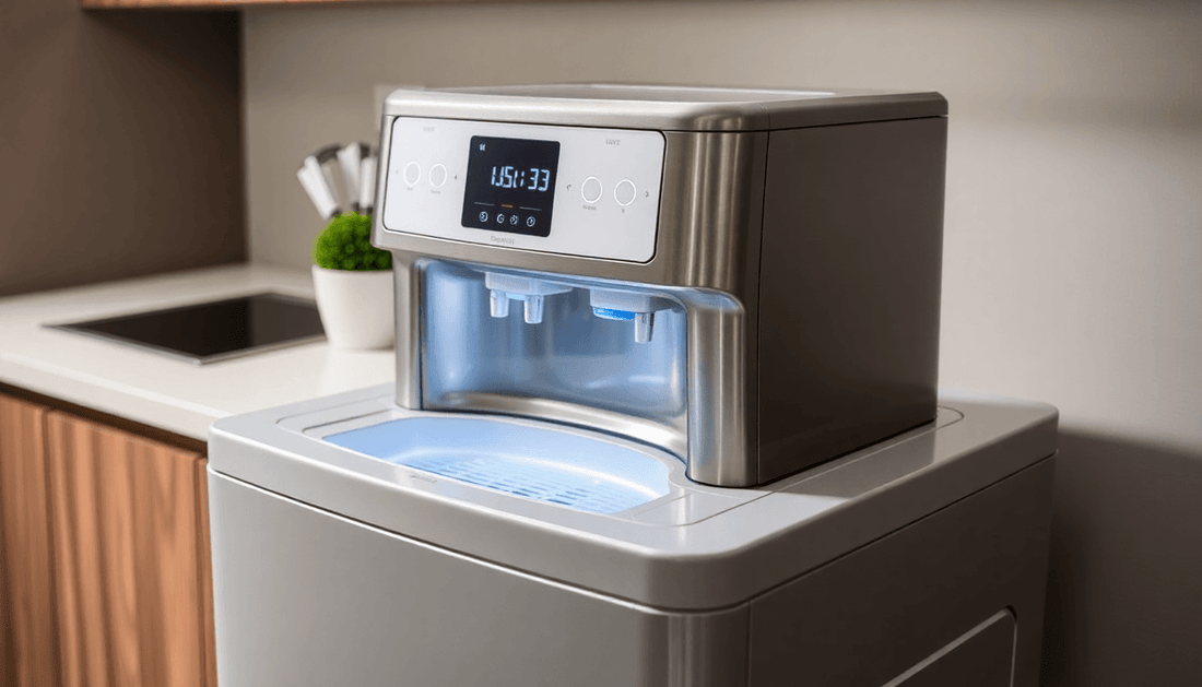 A sleek top load water dispenser with hot and cold options