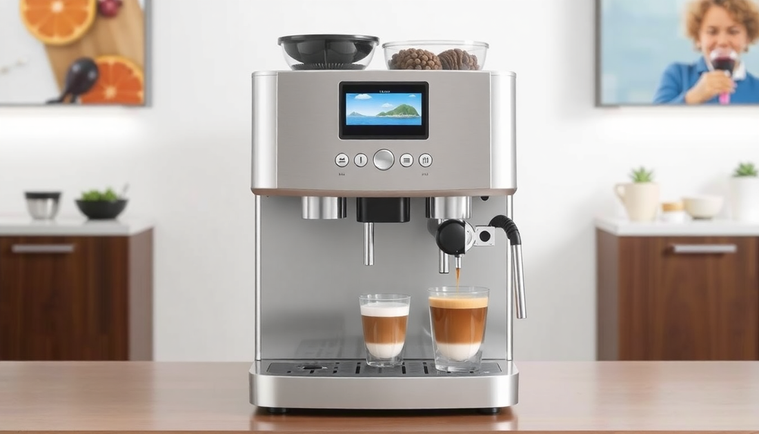 Atlantis Neo 2 Lane coffee machine making two cappuccinos on kitchen counter with milk frother