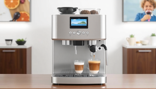 Atlantis Neo 2 Lane coffee machine making two cappuccinos on kitchen counter with milk frother