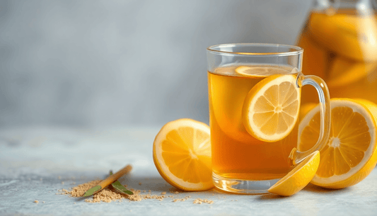 A glass of lemon tea with tea powder and lemon slices
