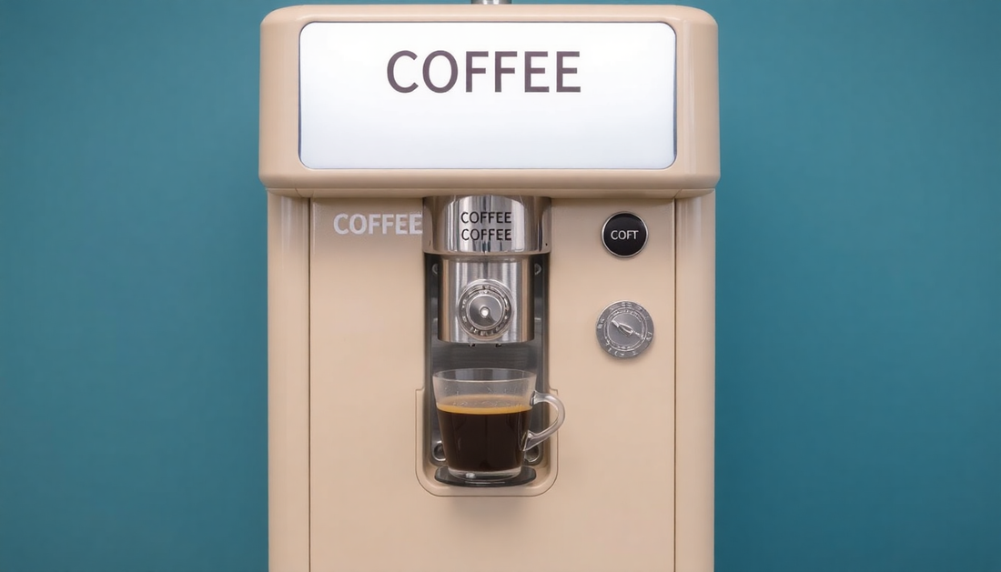 Vintage coffee machine dispensing a cup of coffee featuring an Atlantis Coffee Machine Coin slot