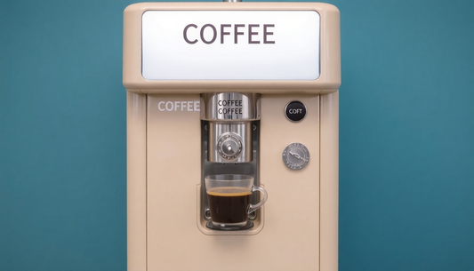 Vintage coffee machine dispensing a cup of coffee featuring an Atlantis Coffee Machine Coin slot