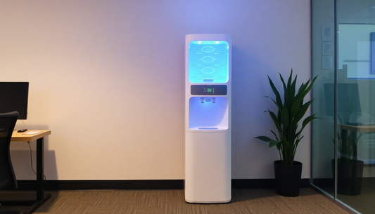 Modern white floor standing water dispenser with blue LED light in an office setting, best floor standing water dispenser in Delhi