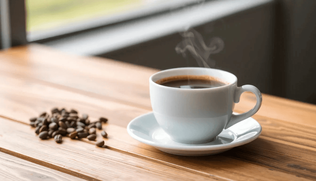 A steaming cup of coffee premix on a wooden table