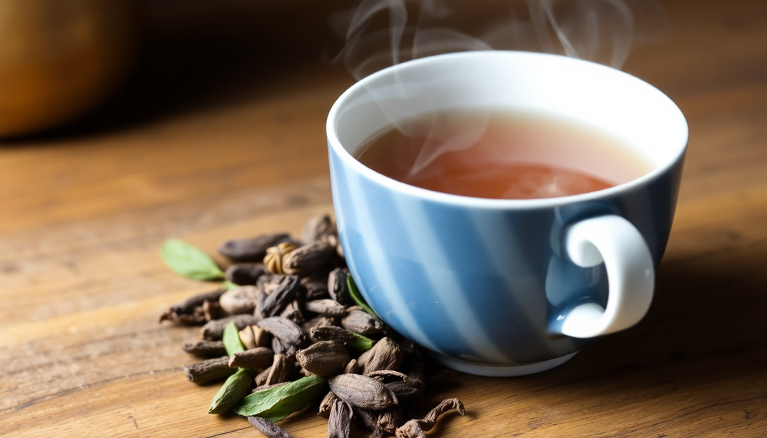 A steaming cup of cardamom tea with tea leaves