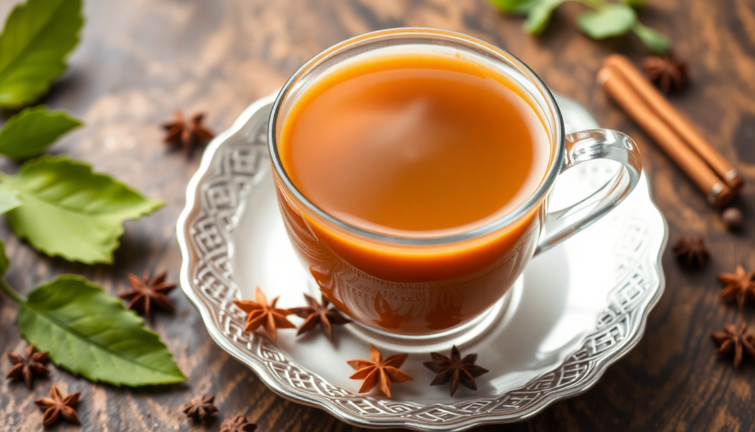 A steaming cup of masala chai with spices