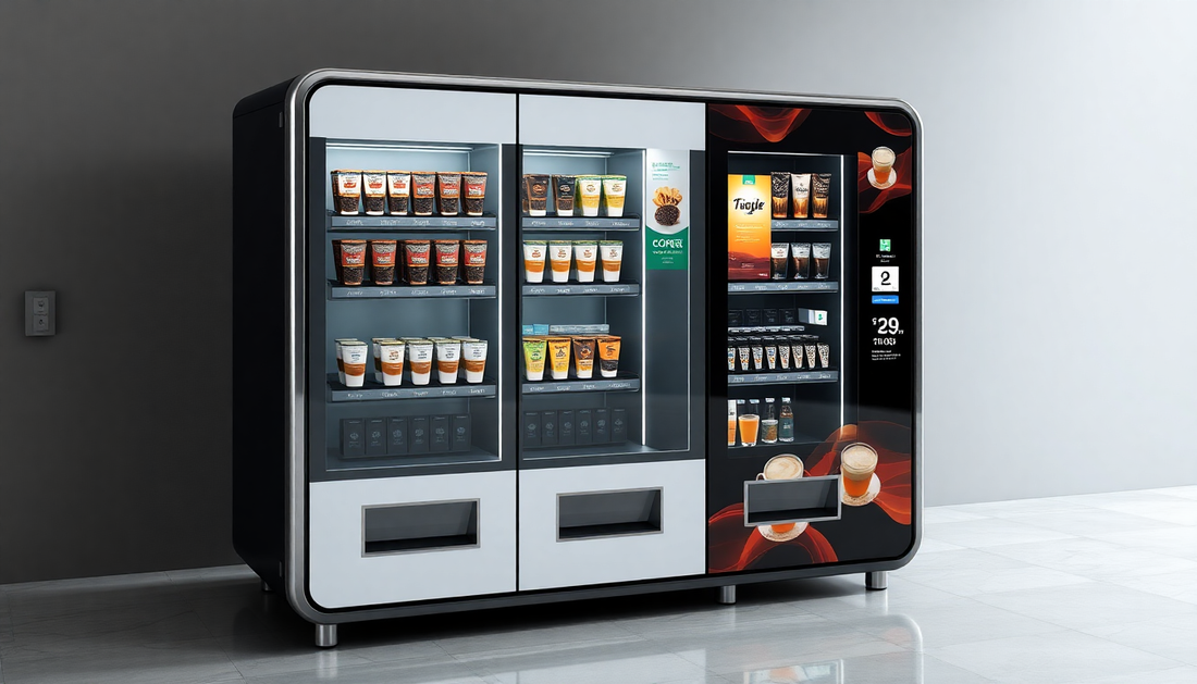 A sleek 3 lane vending machine dispensing coffee and tea