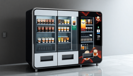 A sleek 3 lane vending machine dispensing coffee and tea