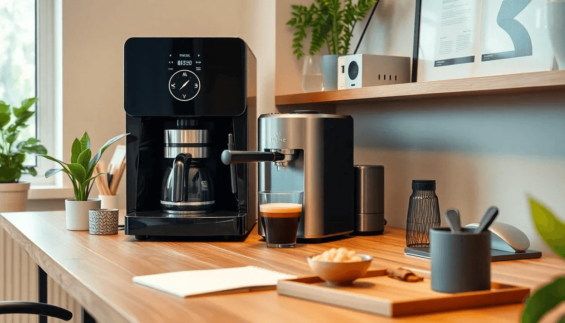 Modern coffee machine setup in a cozy office space