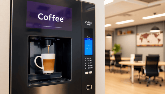 A commercial coffee vending machine dispensing coffee in an office