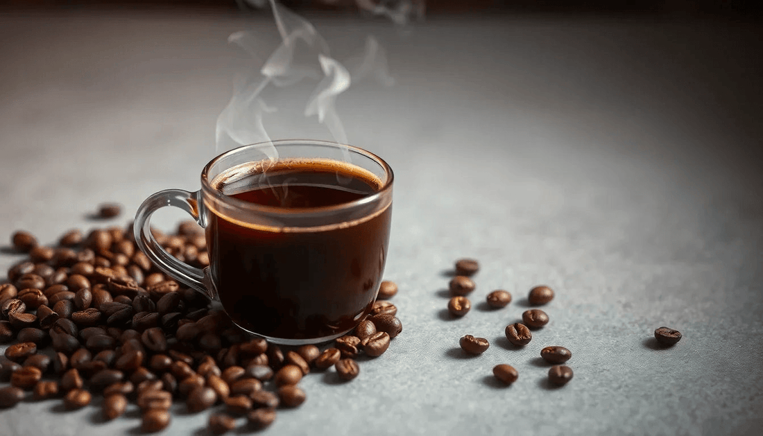 A steaming cup of coffee with coffee beans scattered