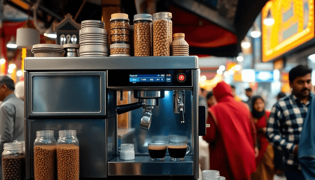 A coffee machine in a busy Chandni Chowk market