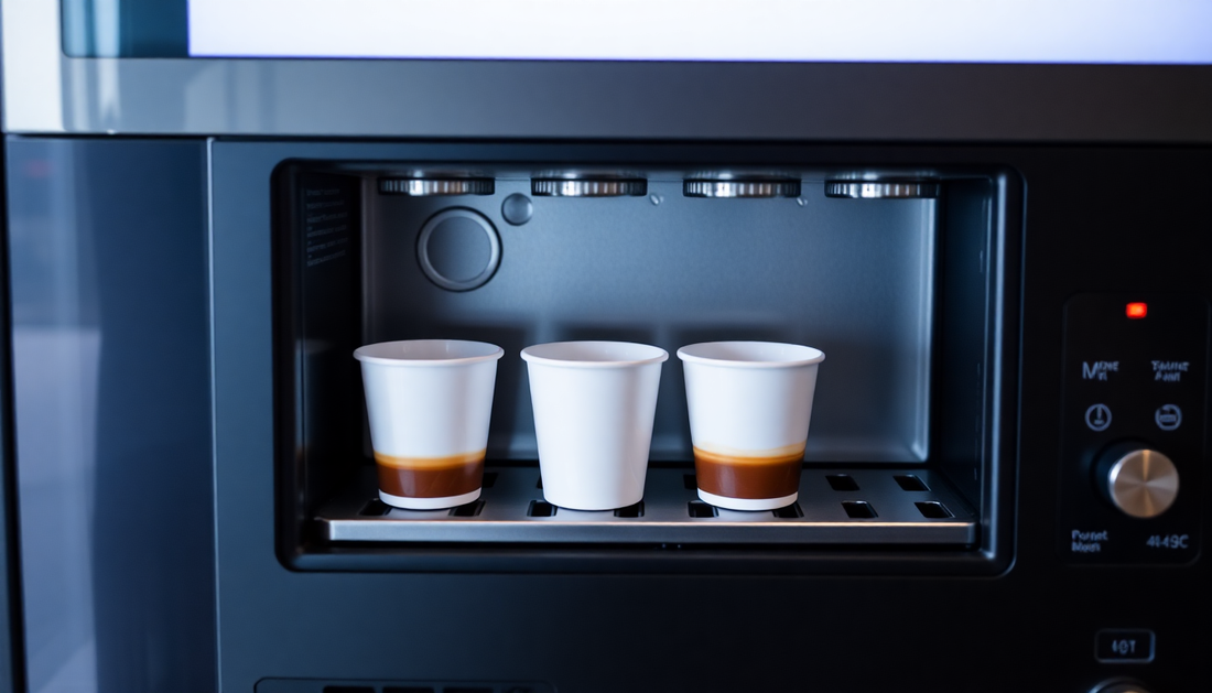 Compact coffee vending machine dispensing five cups