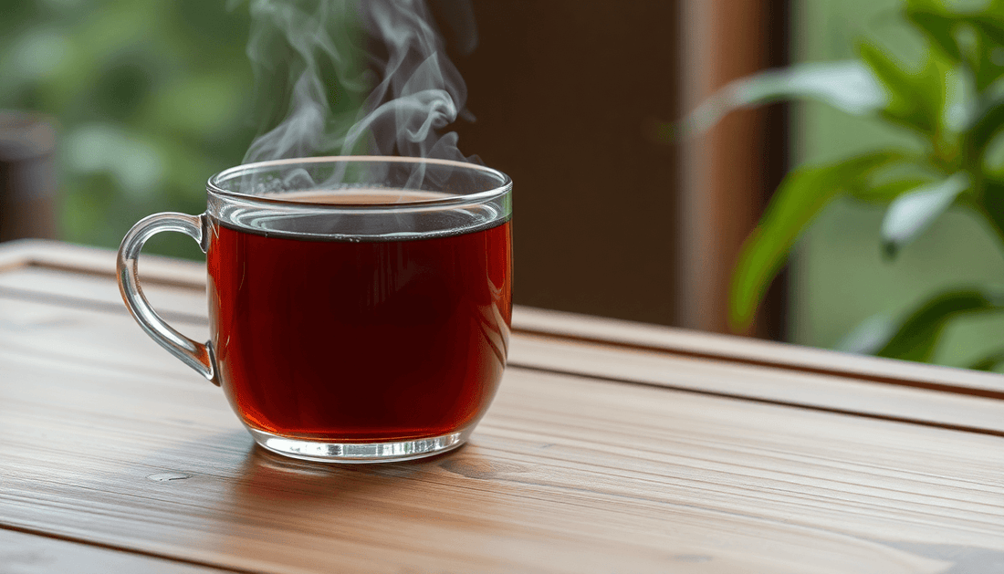 A steaming cup of Cherise tea on a wooden table