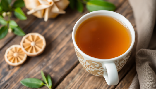 A cup of cardamom-flavored instant tea on a wooden table