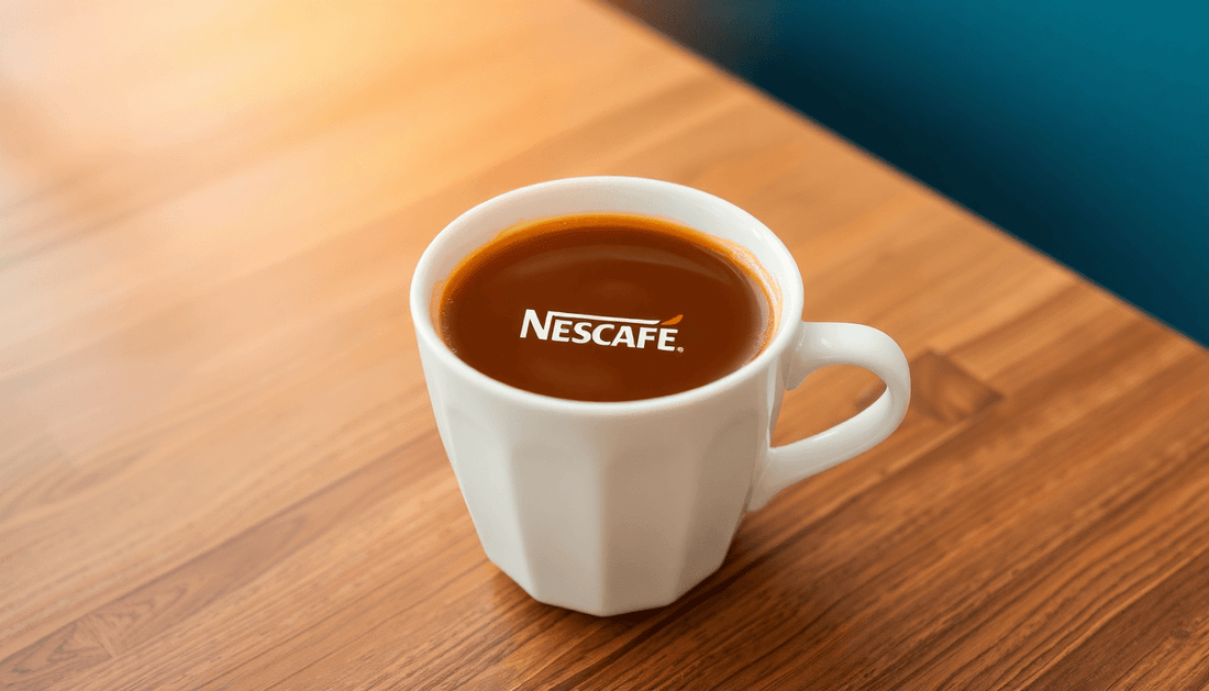 A steaming cup of Nescafe Sunrise Coffee on a wooden table