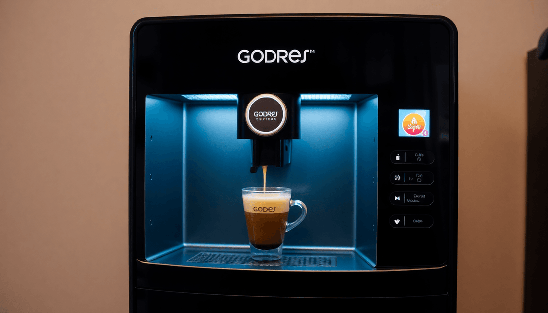 A sleek GODREJ Ecostar coffee vending machine dispensing coffee