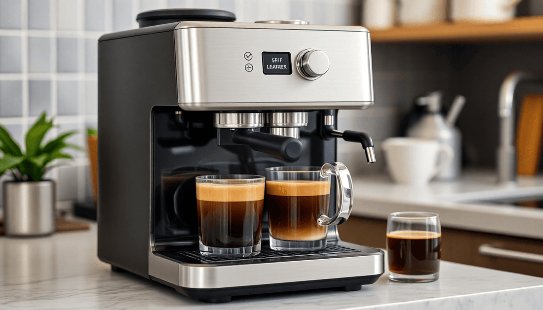 A sleek premium automatic coffee machine brewing espresso