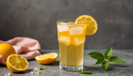 A chilled glass of masala nimbu pani with ice and lemon