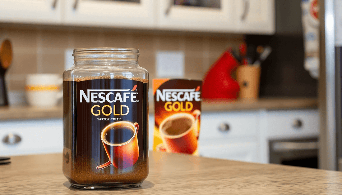 A jar of Nescafe Gold coffee on a kitchen counter