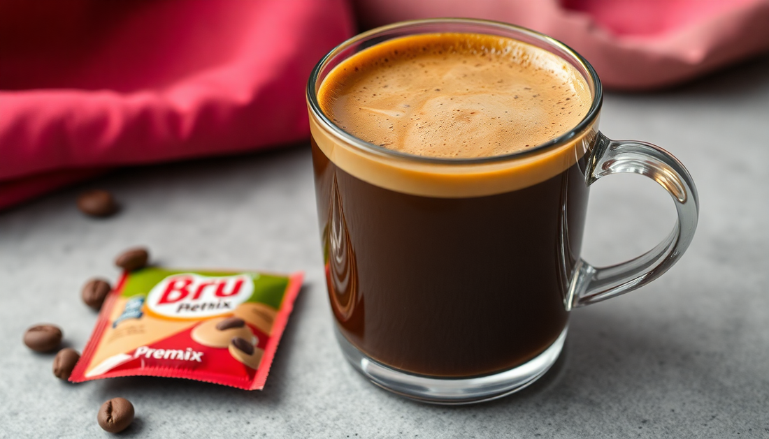 A cup of hot coffee with Bru premix packet