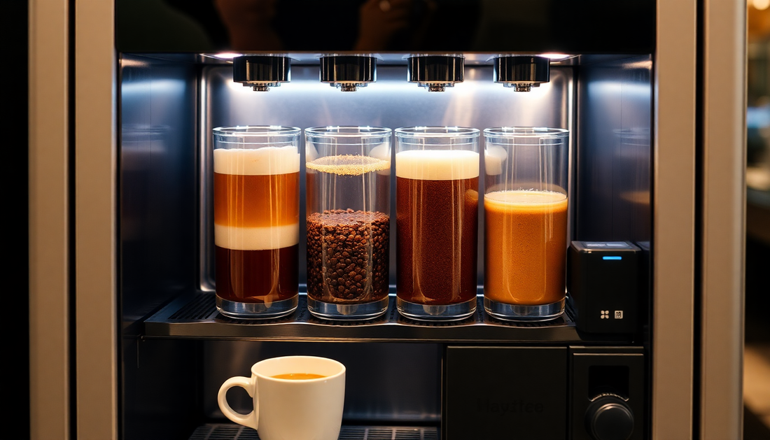 Atlantis coffee vending machine price in Delhi shown with different coffee types and a full cup below