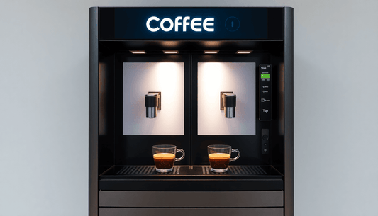 A modern 2 lane coffee vending machine dispensing coffee