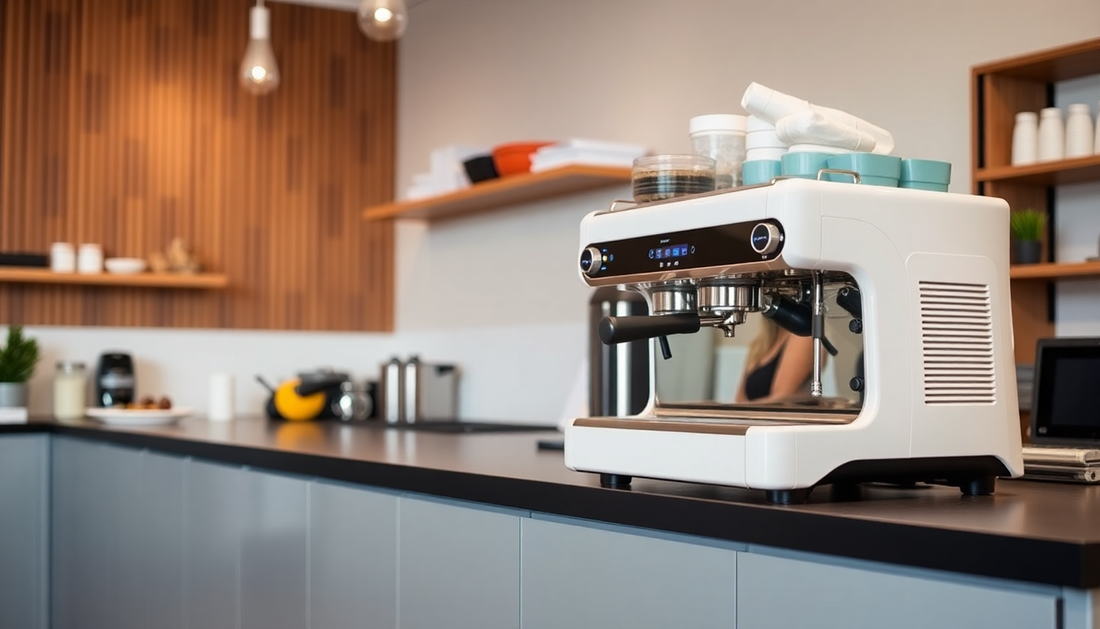 A modern coffee machine on a rental showroom counter