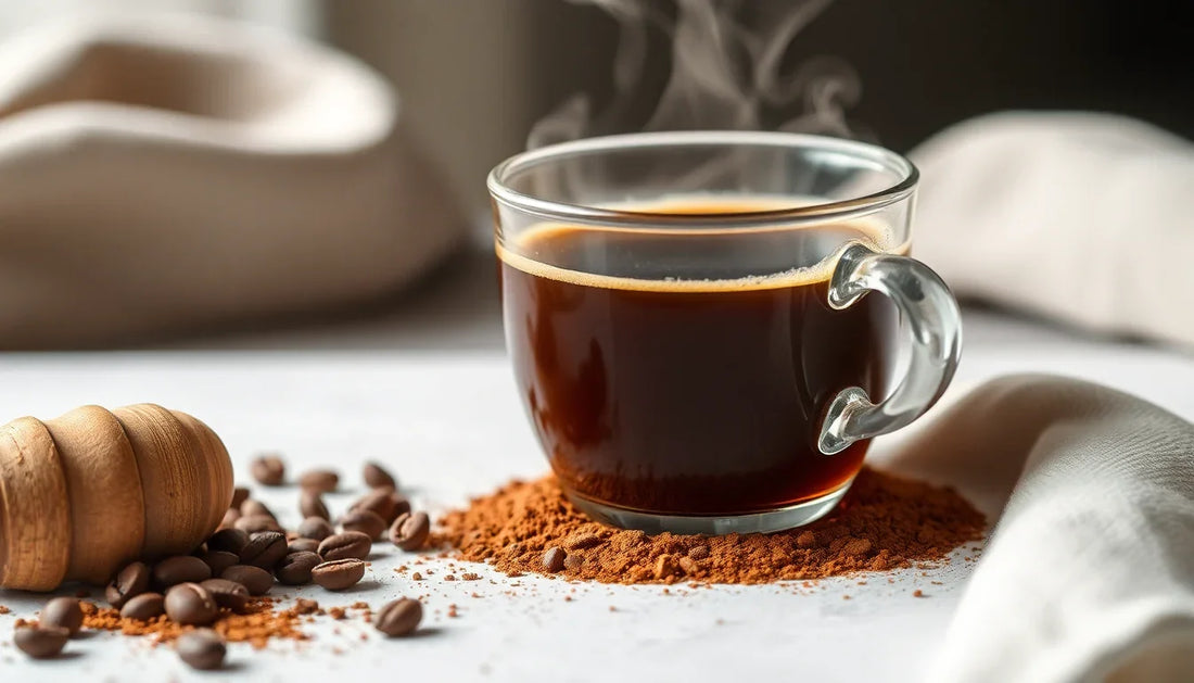 A steaming cup of instant coffee with coffee powder