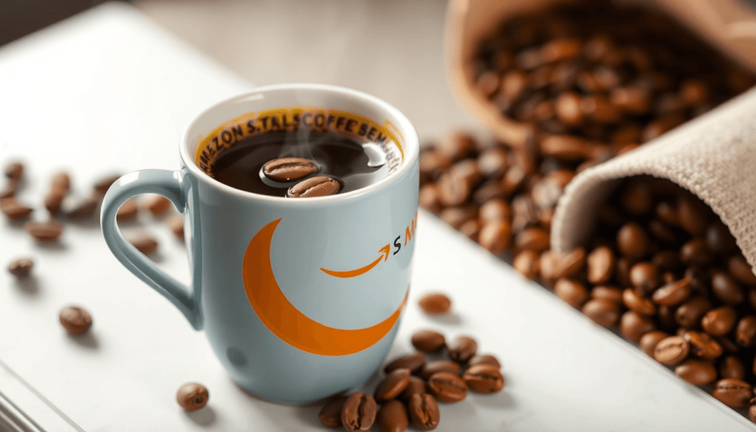 A steaming cup of Amazon Plus Coffee Premix with coffee beans
