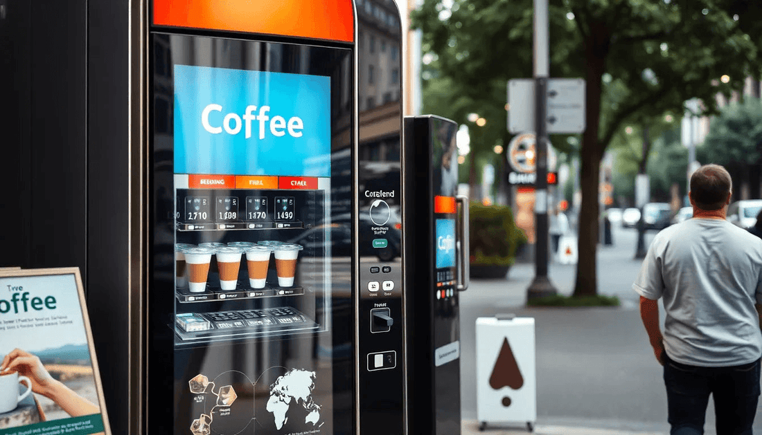 A modern commercial coffee vending machine in a busy street