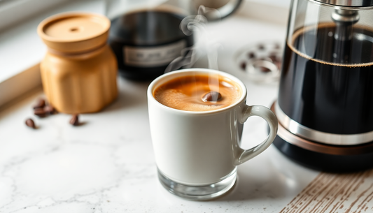 A cup of steaming 3 in 1 coffee mix on a table