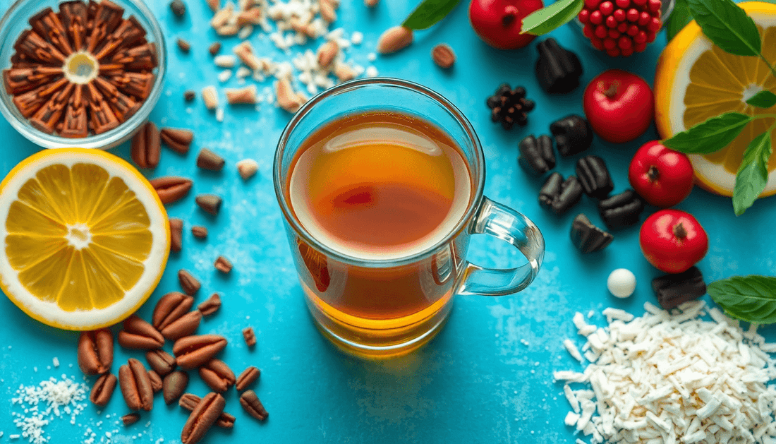 A vibrant cup of instant tea surrounded by flavor ingredients
