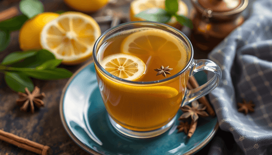 A cup of steaming lemon masala tea with spices