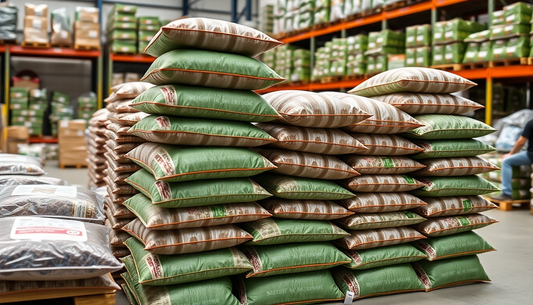 Stacks of tea premix bags in a wholesale warehouse